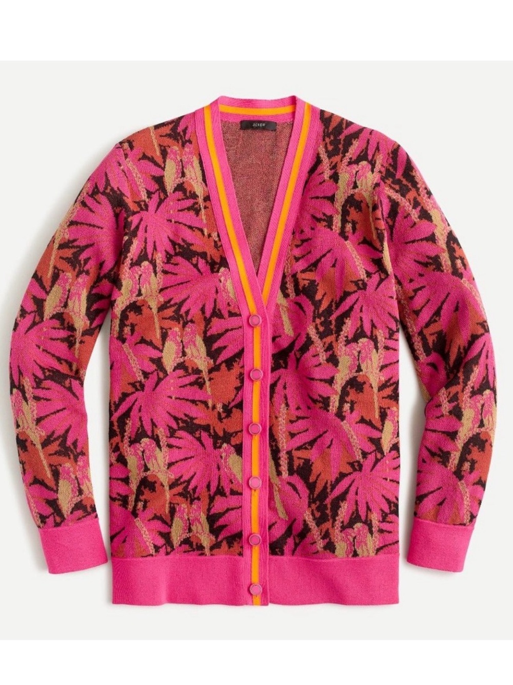 J. Crew Palm Print Boyfriend Cardigan Sweater XXS Pink Tropical Cotton Blend